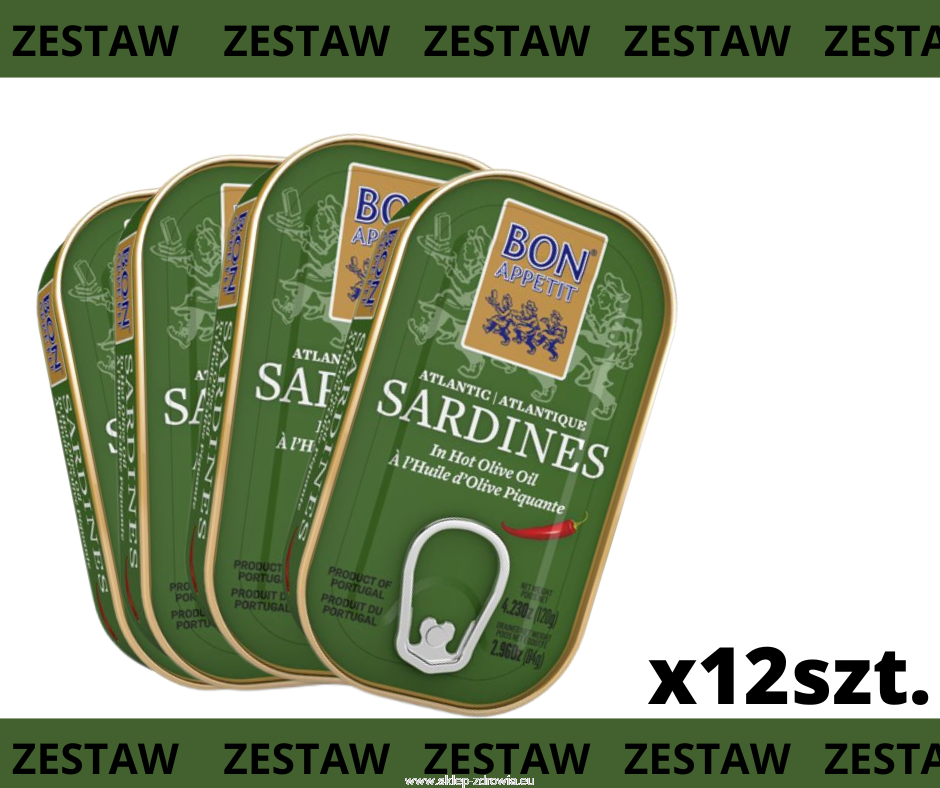 Zestaw 12x sardynki portugalskie pikantne w oliwie z oliwek 120g Bon Appetit